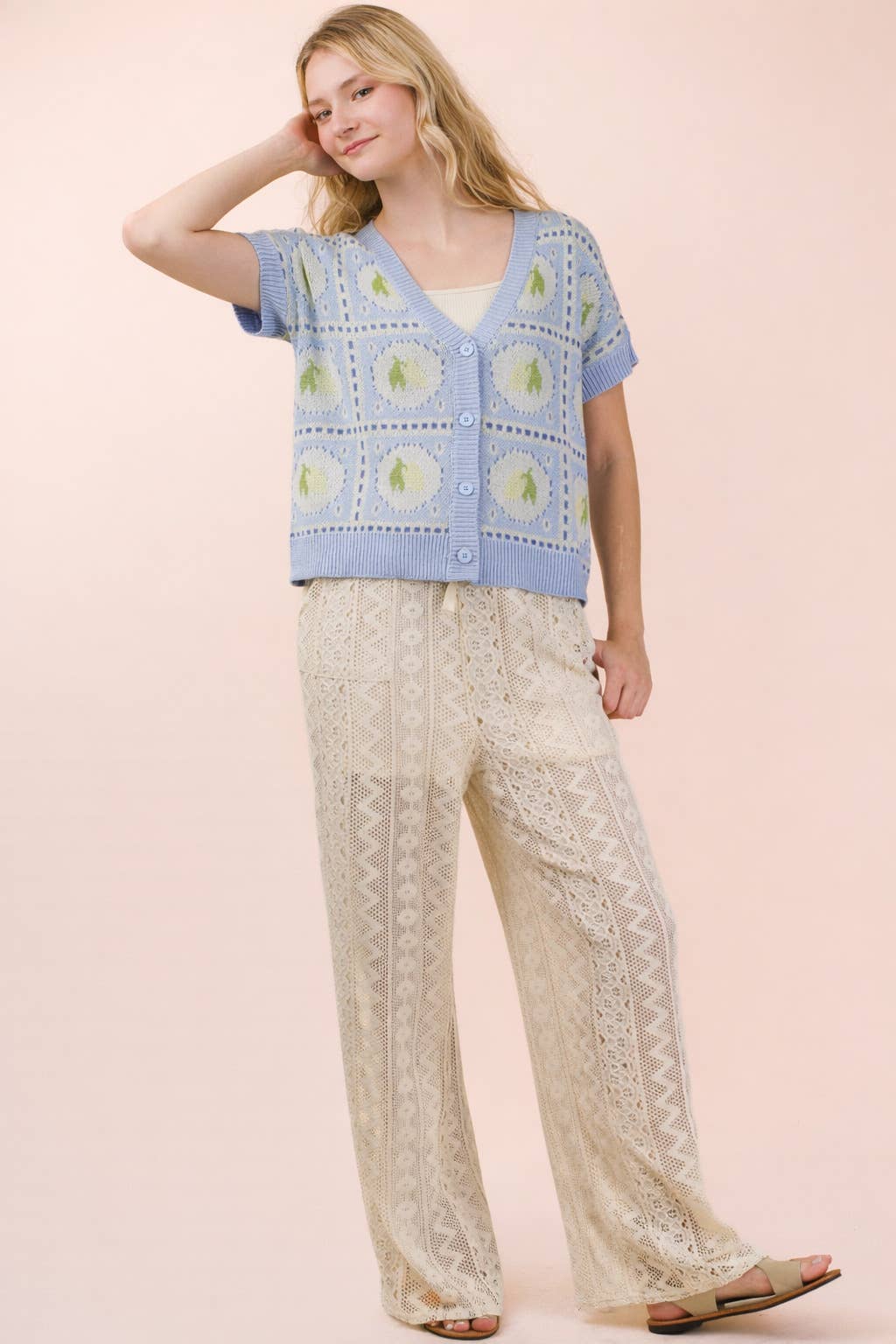 Button Down Lemon Graphic Sweater Summer Cardigan: PINK