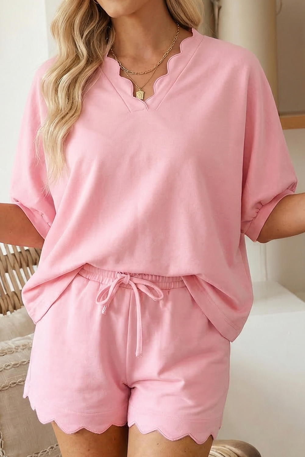 Scalloped V-Neck Top and Shorts Lounge Set: Pink, M