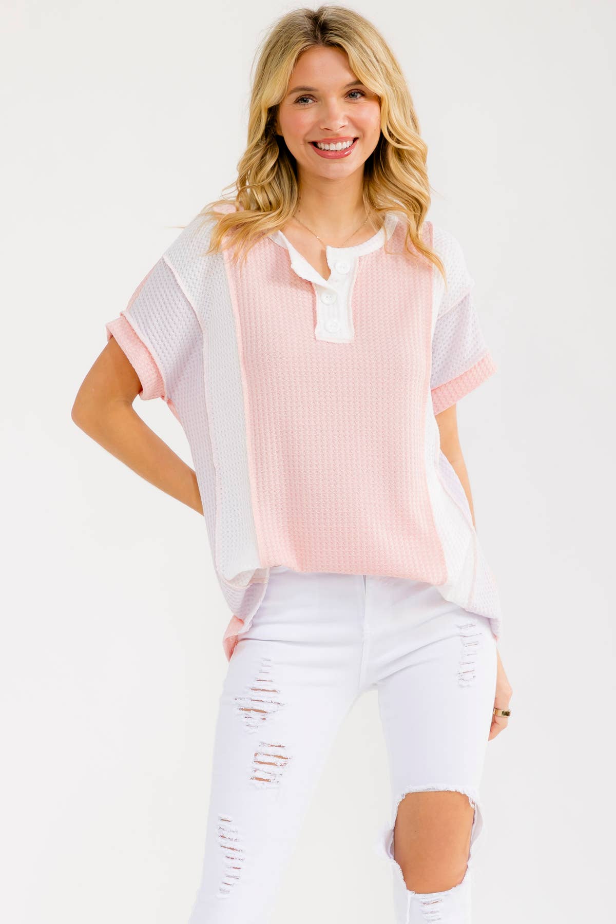 PLUS SIZE Color Block Waffle Knit Top Pink, 1X