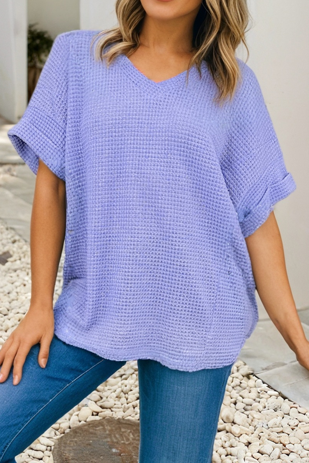 Plus Waffle V Neck Short Sleeve Knit Top: Wisteria, 1X