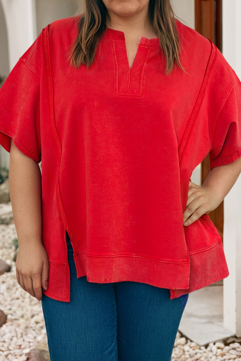 Plus Notched Neck Patchwork Top: Red, 1x