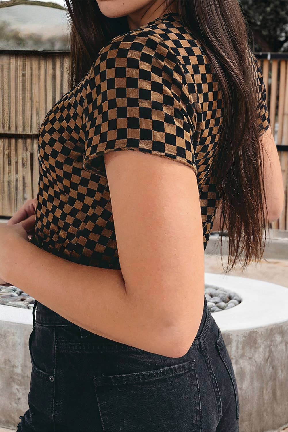 Checkerboard Round Neck Summer T Shirt: Black, L