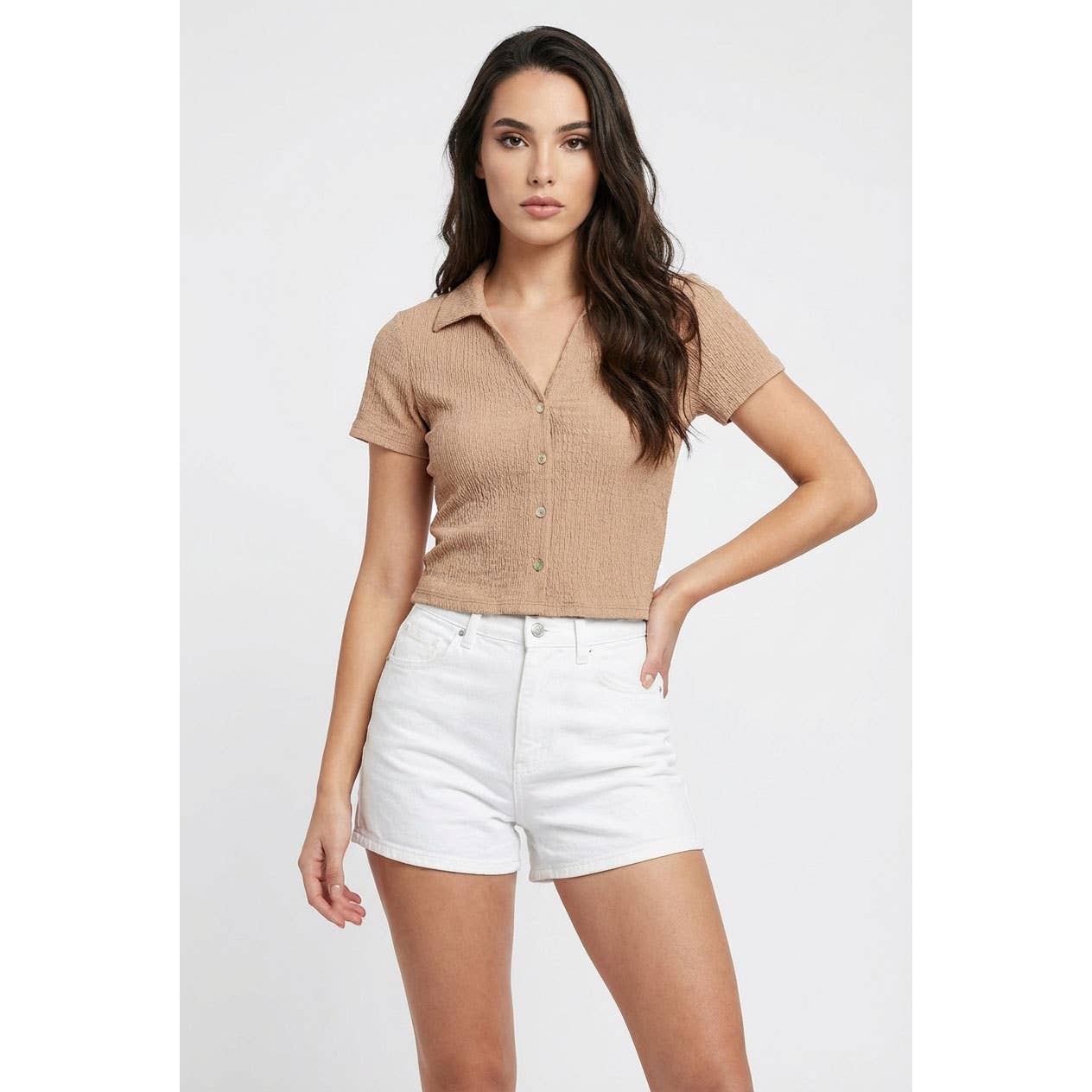Crinkle Knit Button Front Top: TAN