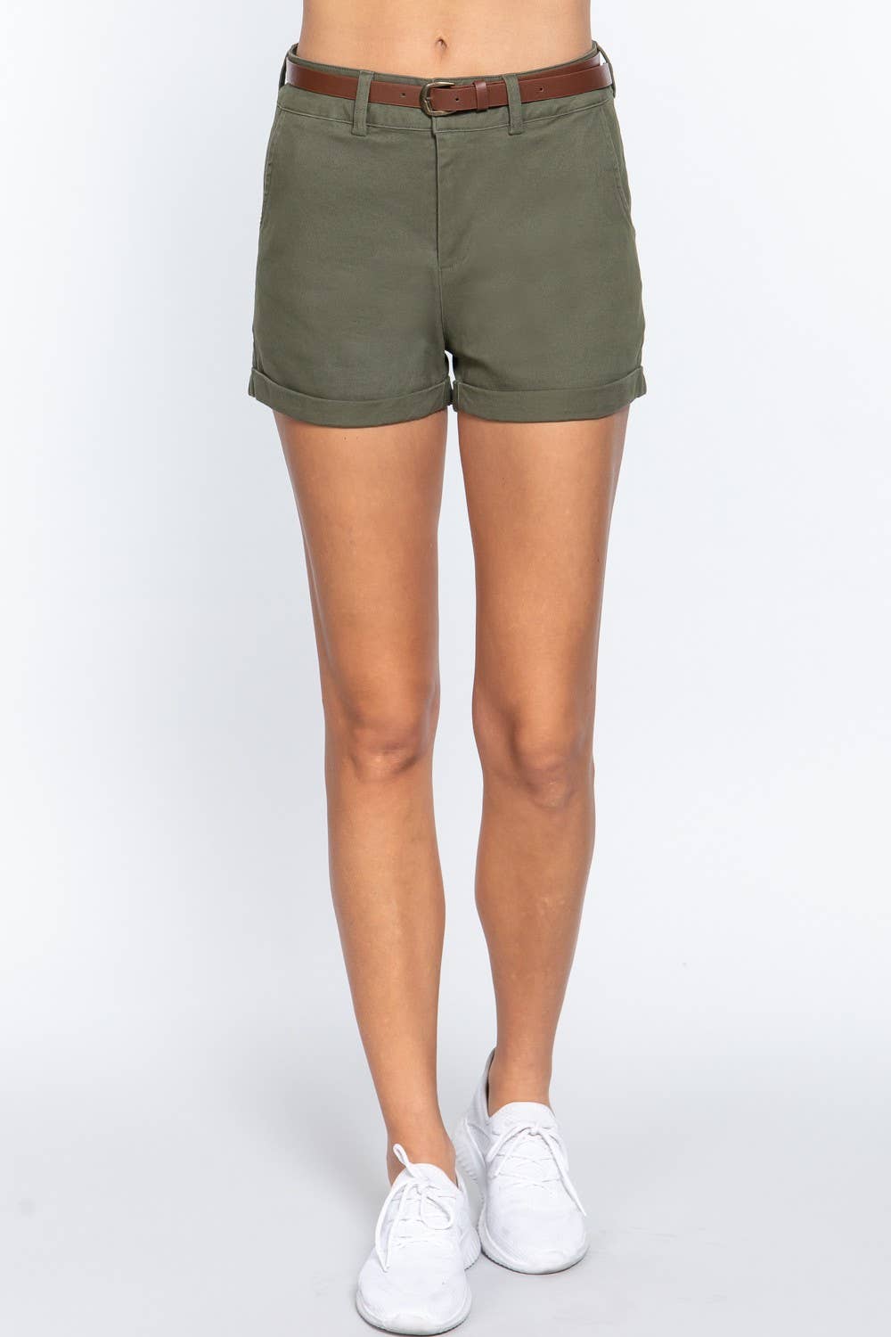 Cotton Spandex Twill Belted Short Pants: Olv-Olive Oil, M