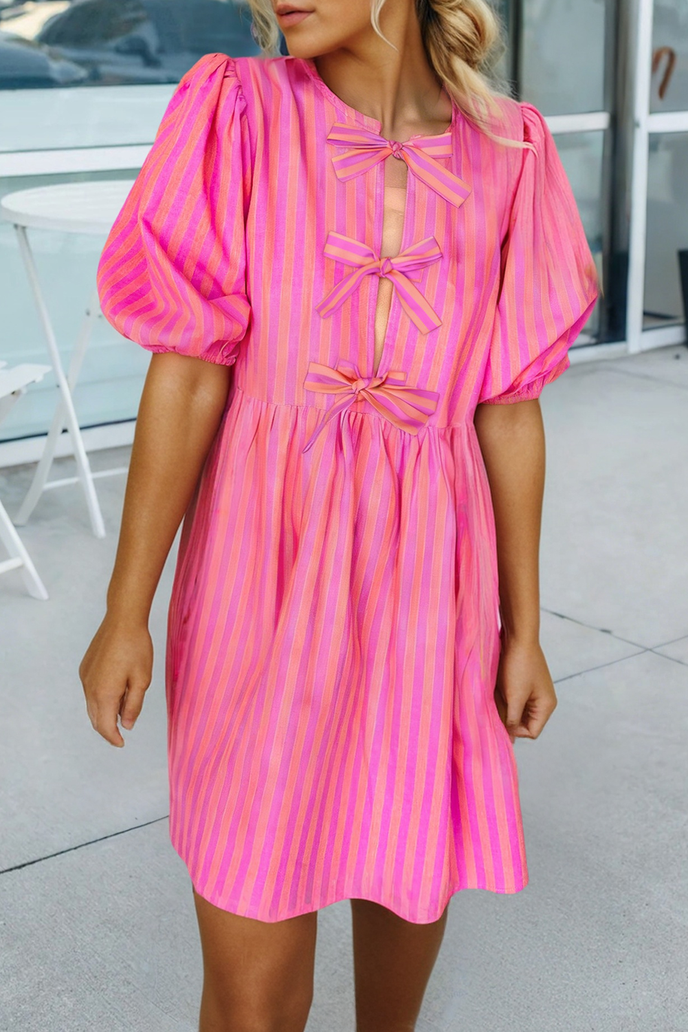 Striped Print Bow Short Puff Sleeve Mini Dress: Pink, L