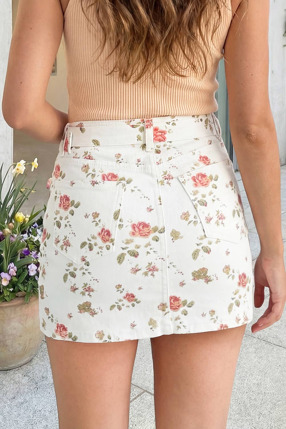 Floral Print High Waist Denim Mini Skirt: Beige, L