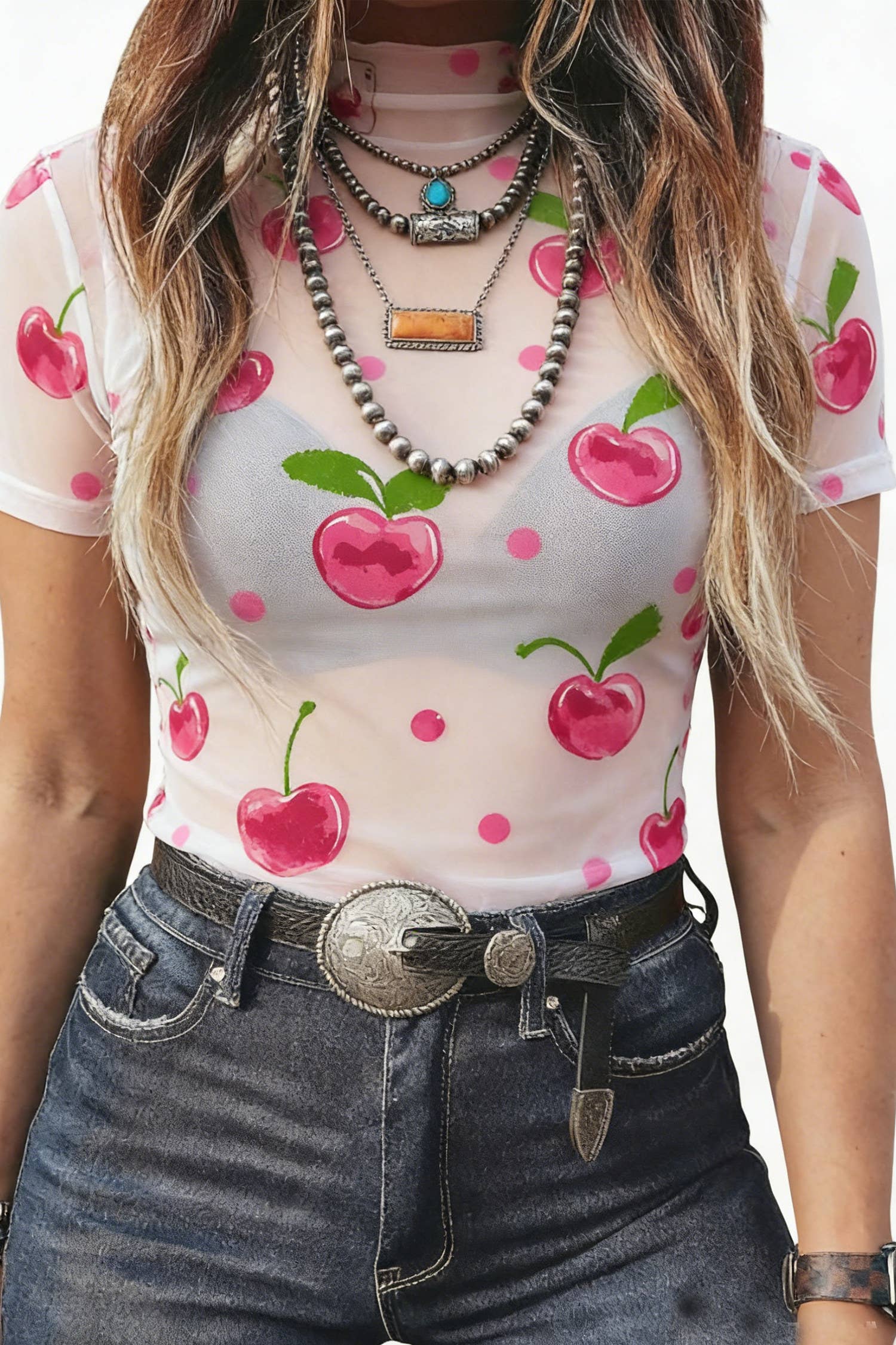 Cherry and Dot Print Mesh Patchwork Short Sleeve Tee: White, L