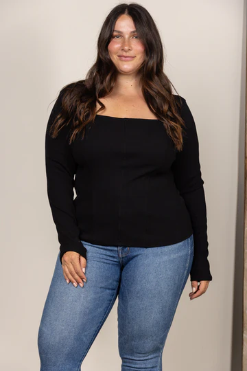 BLACK SQUARE NECK RIBBED KNIT LONG SLEEVES PLUS SIZE TOP: Black, 1XL