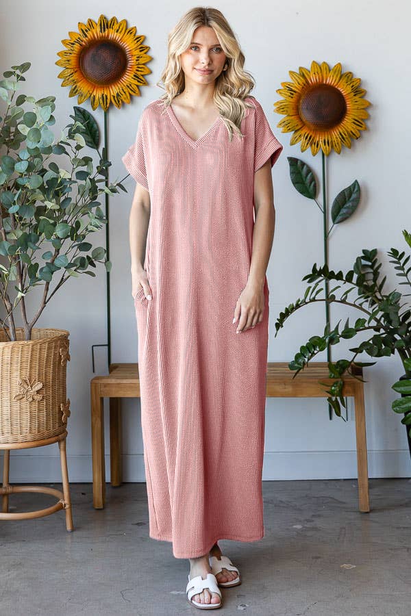 PLUS SIZE Ribbed V Neck Short Sleeve Maxi Dress: Mauve, 1X