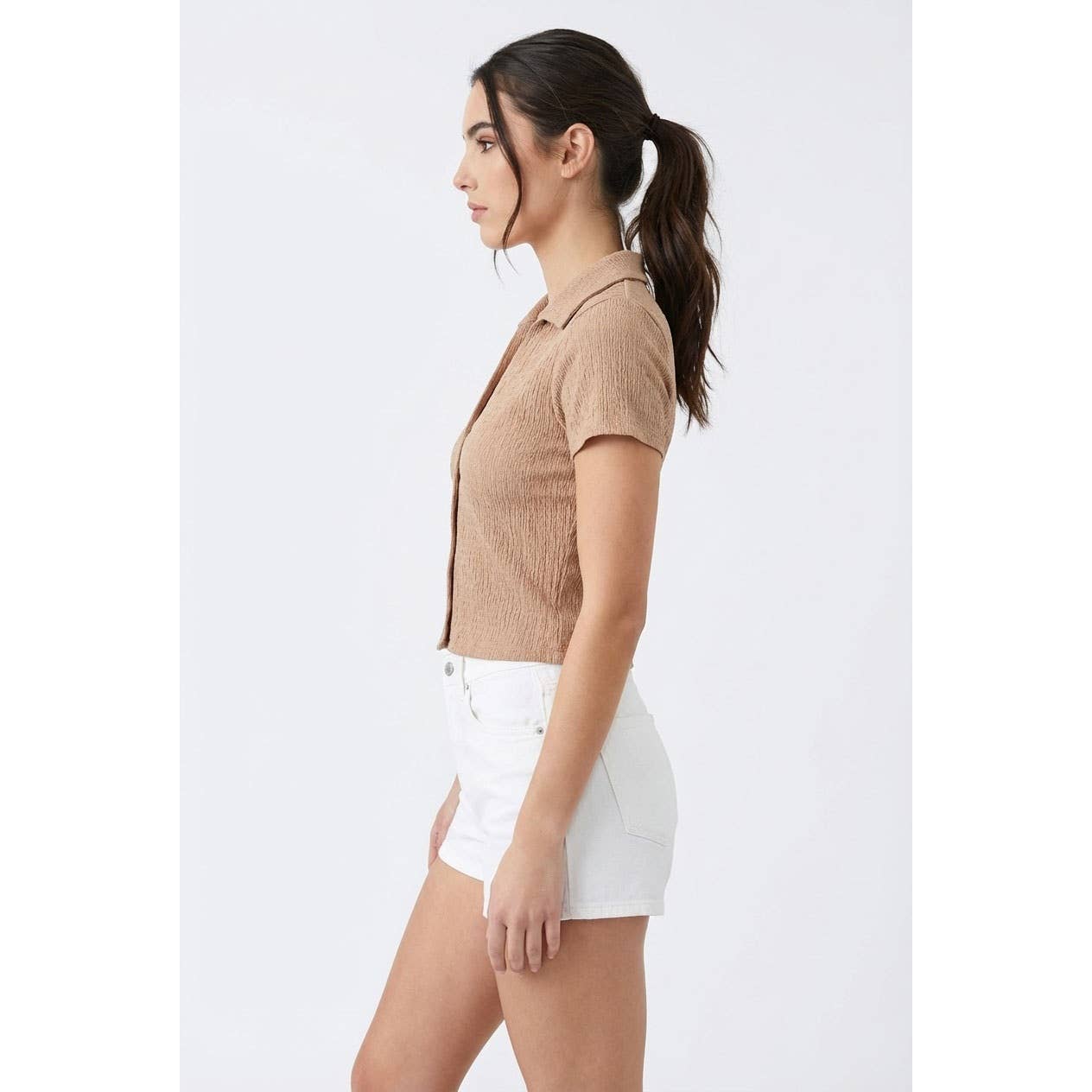 Crinkle Knit Button Front Top: TAN