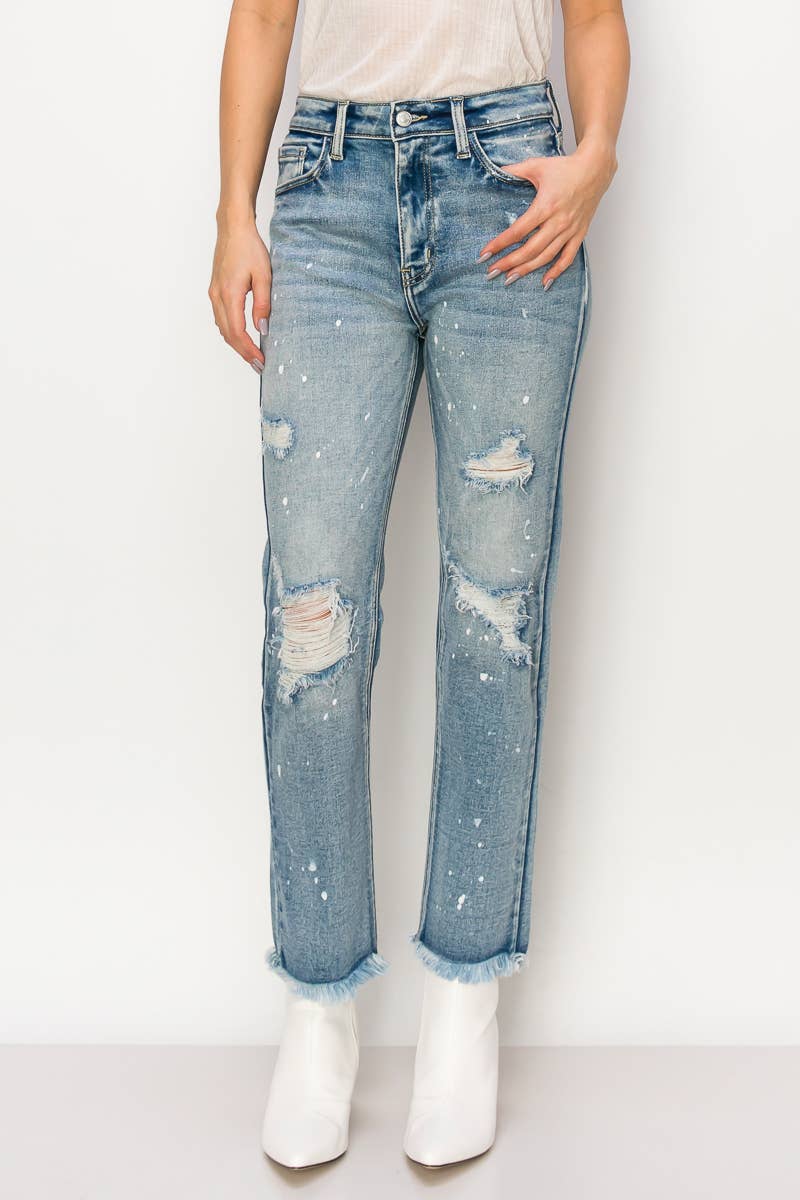 HIGH RISE DISTRESSED STRAIGHT WITH FRAY HEM JEANS: MEDIUM, 11