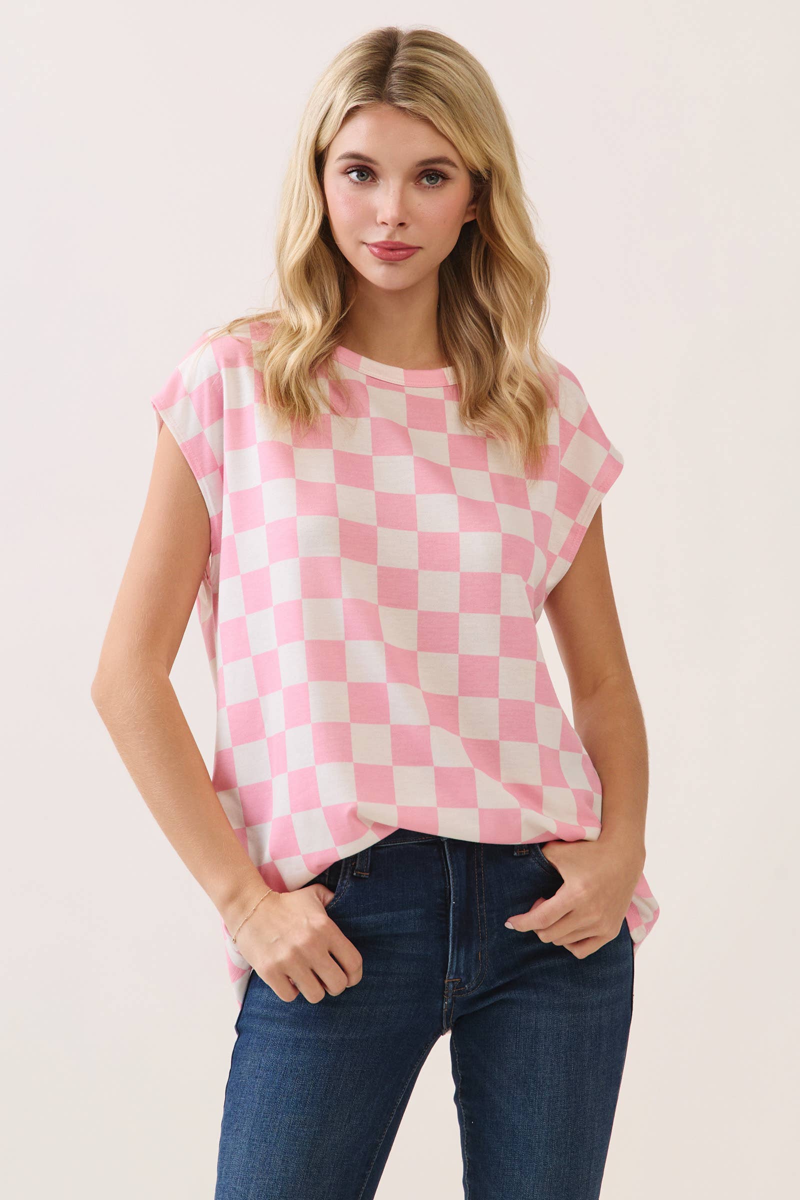 Checkered Print Casual Knit Tee: Orange, L