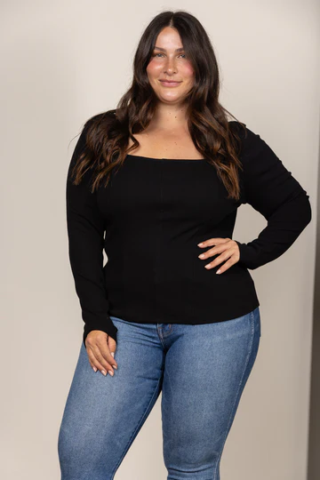 BLACK SQUARE NECK RIBBED KNIT LONG SLEEVES PLUS SIZE TOP: Black, 1XL