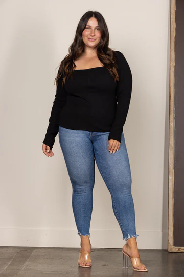 BLACK SQUARE NECK RIBBED KNIT LONG SLEEVES PLUS SIZE TOP: Black, 1XL