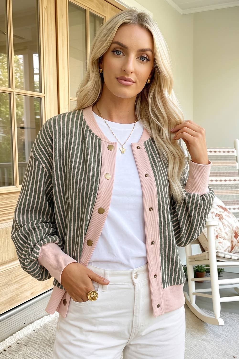 Striped V Neck Cardigan: Green, L
