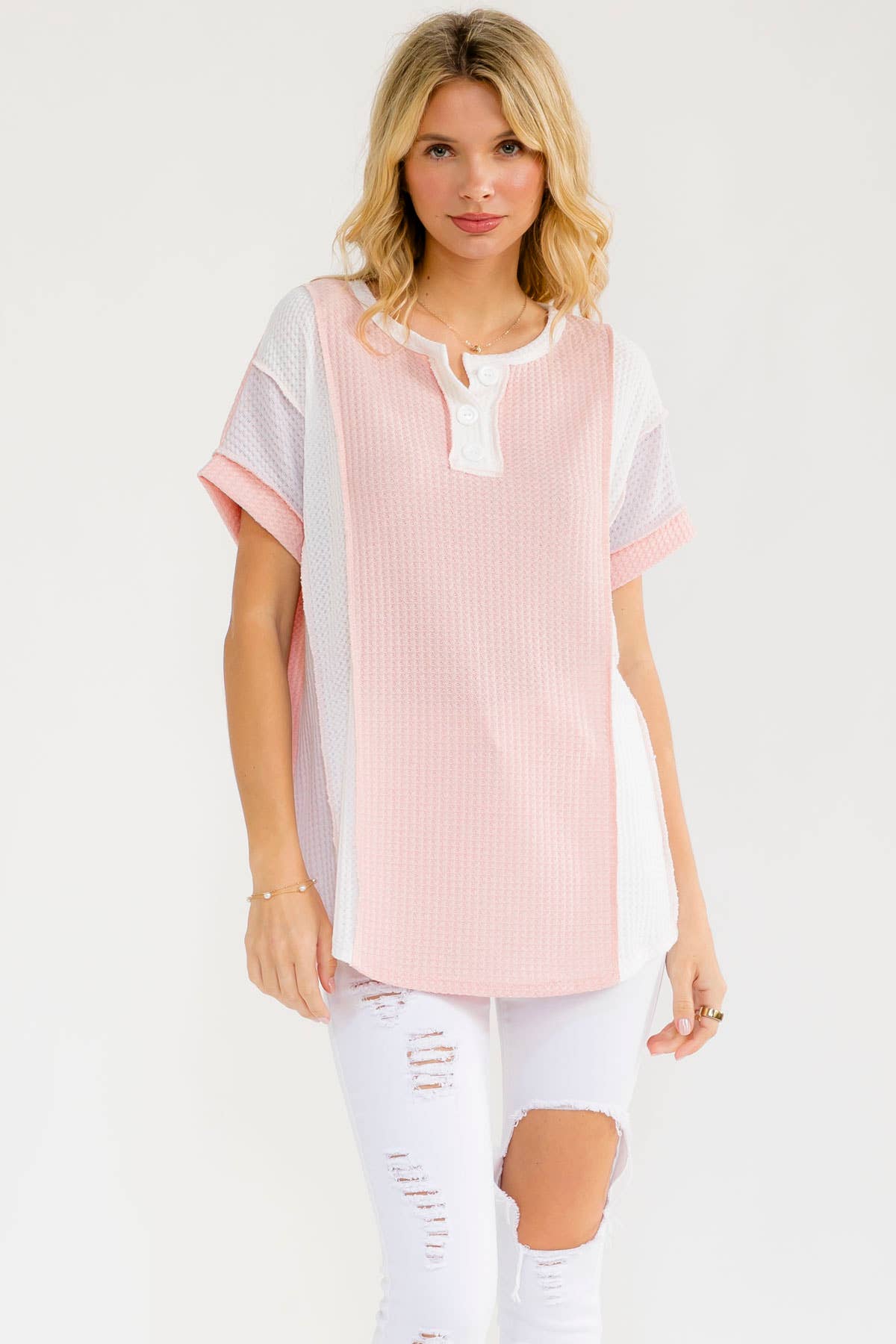 PLUS SIZE Color Block Waffle Knit Top Pink, 1X