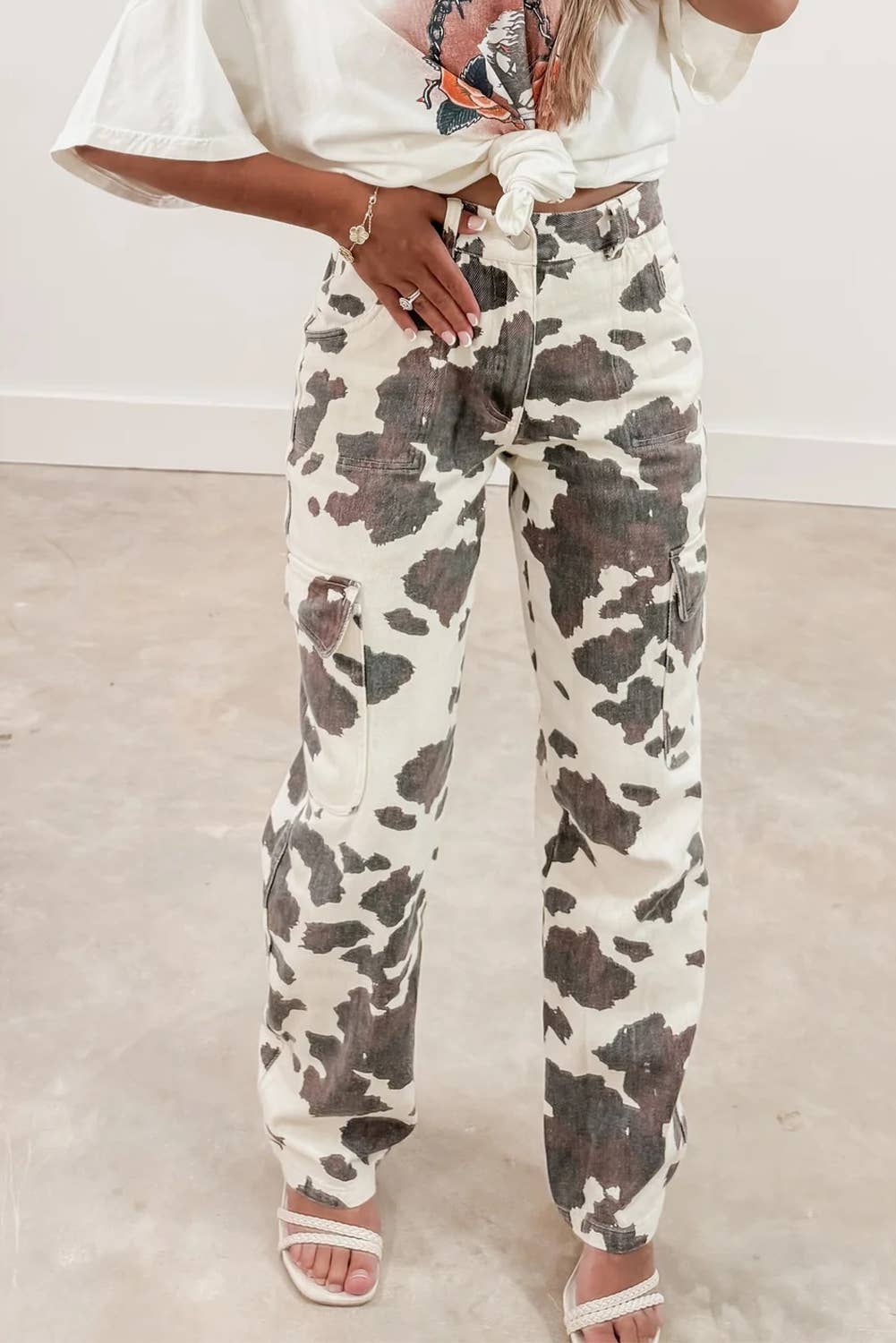 Cow Spots Printed Multi Pocketed Jeans: Brown, 10