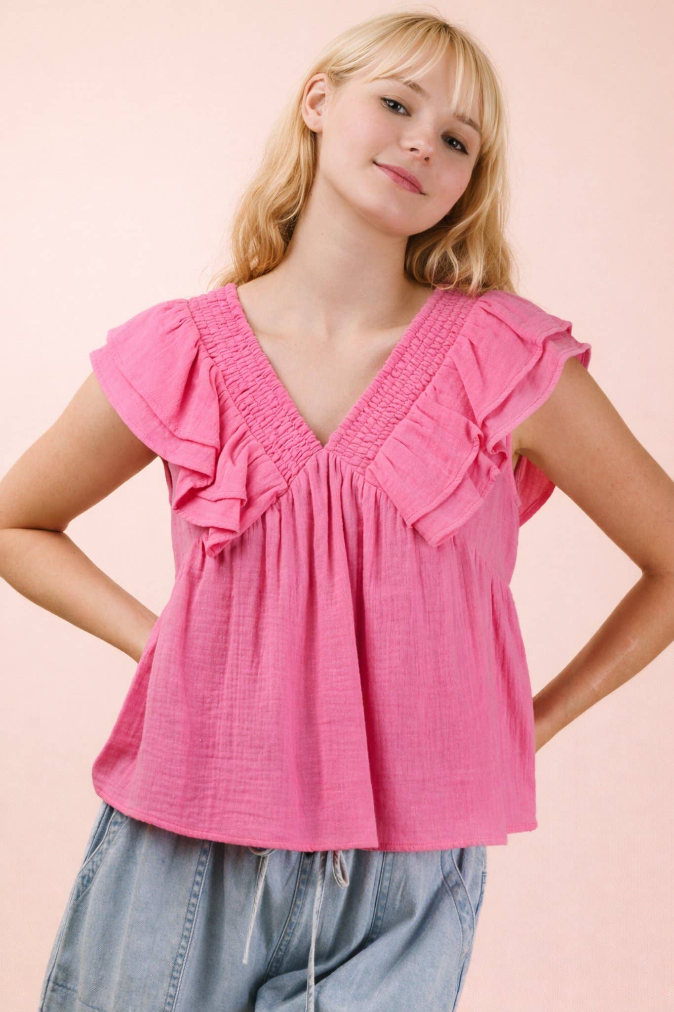 Smocking Detail Ruffle Sleeve Cotton Gauze Top: WHITE