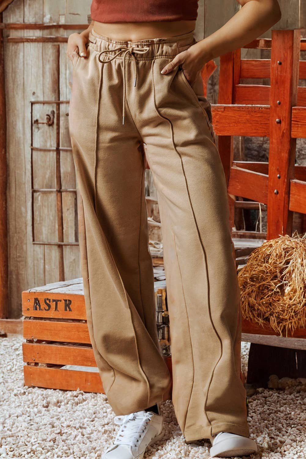 Exposed Seam Drawstring High Waist Wide Leg Pants: L