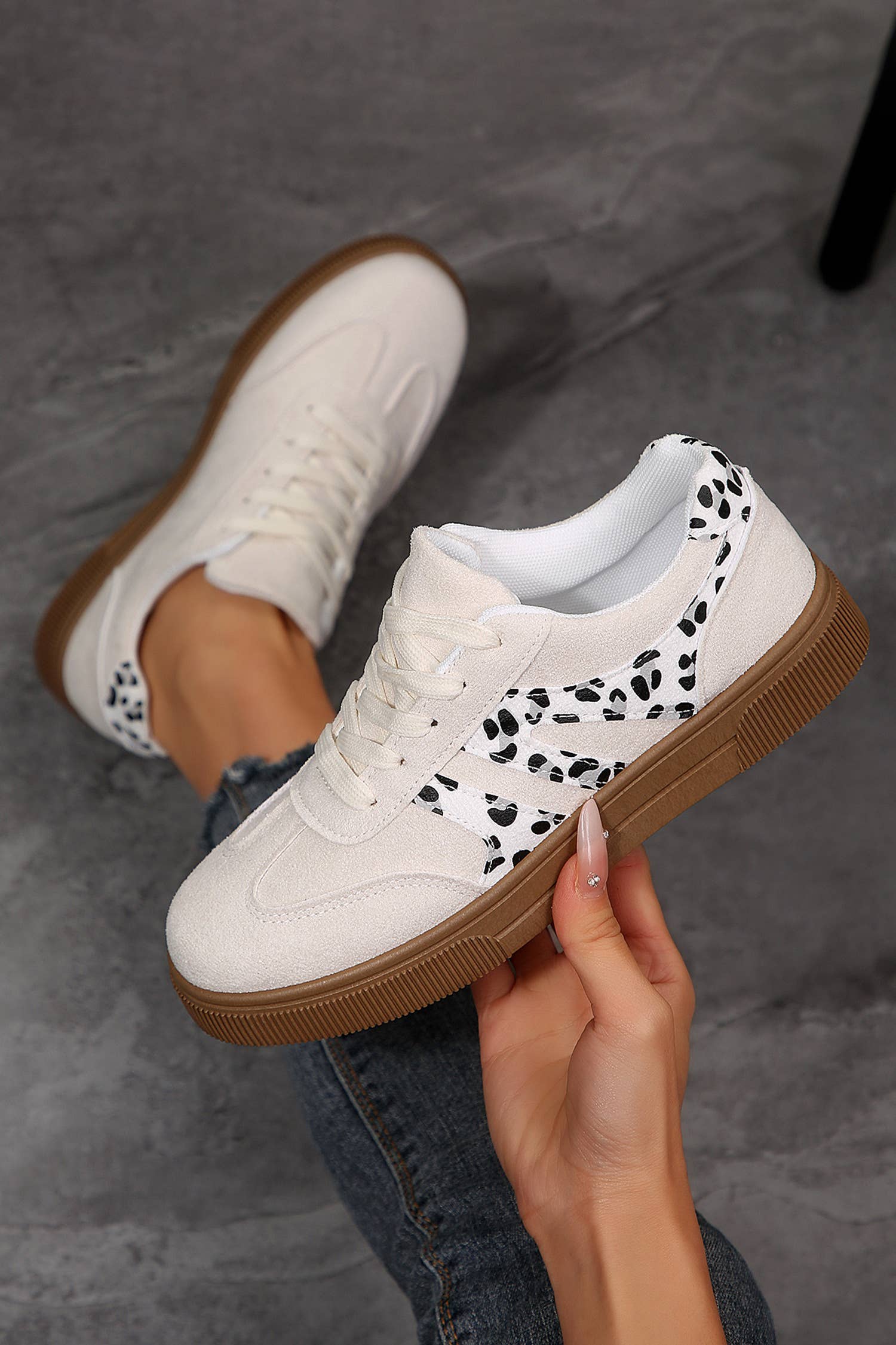 Dalmatian Print/ Quilted Contrast Low Top Sneakers: White, 6(37)