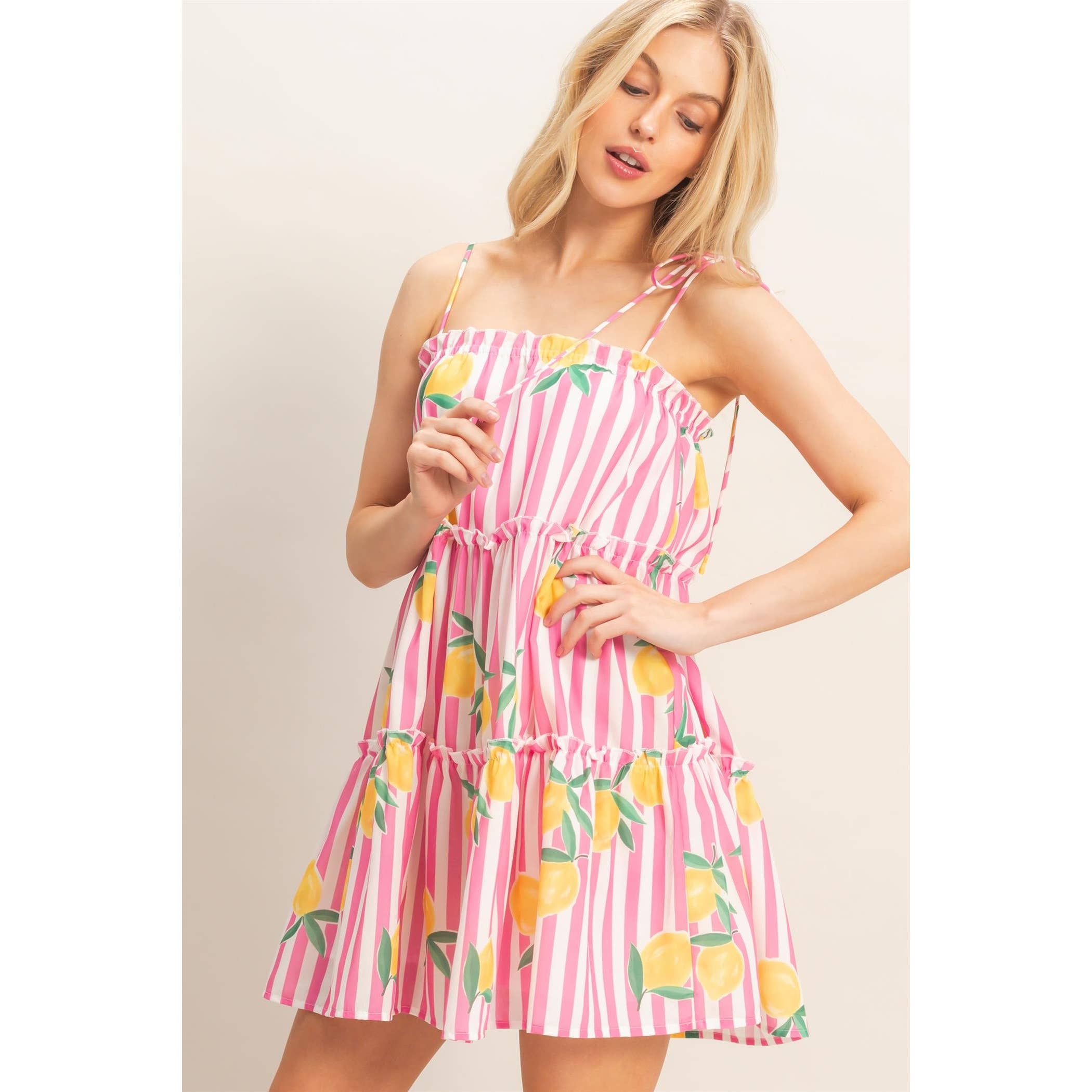 Striped Tiered Mini Dress: PINK