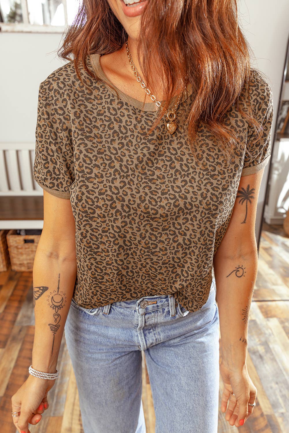 Plus Size Leopard Print Ribbed Tee: Brown, 3X