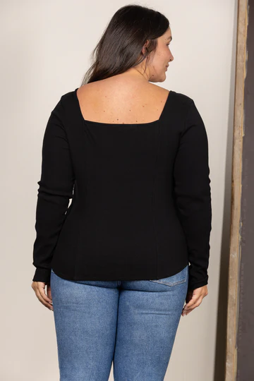 BLACK SQUARE NECK RIBBED KNIT LONG SLEEVES PLUS SIZE TOP: Black, 1XL
