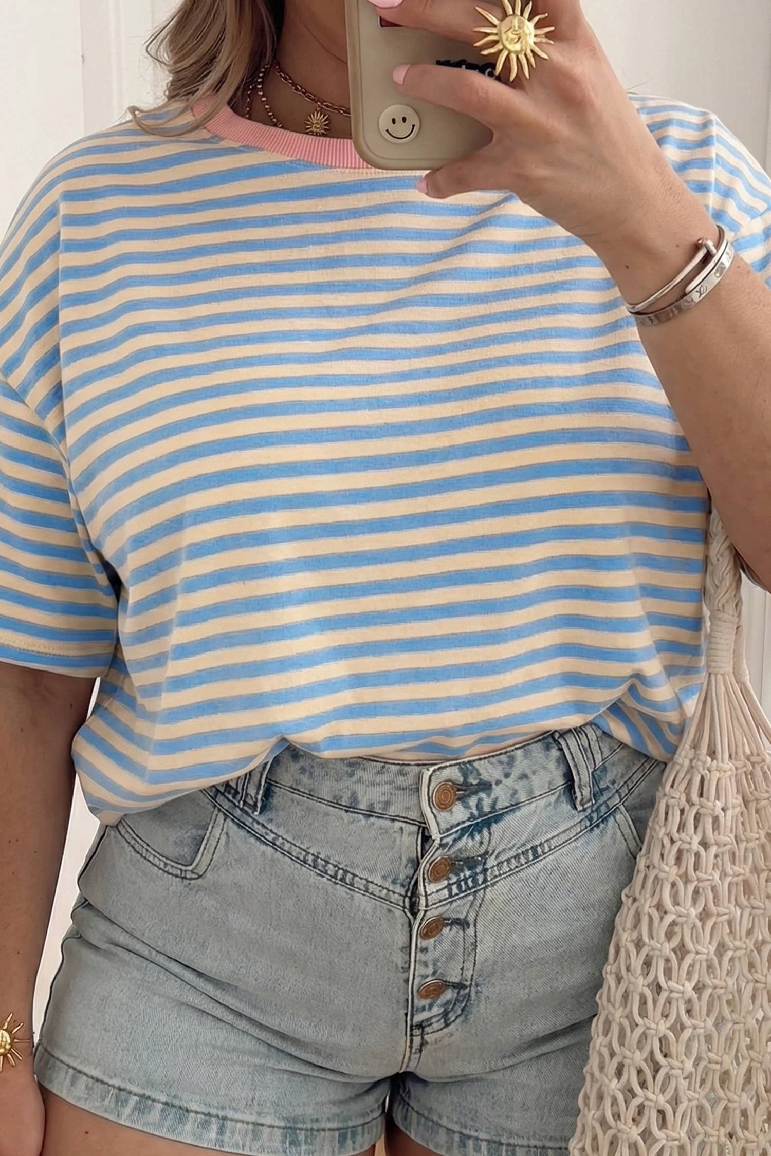 Plus Contrast Crew Drop Shoulder Tee: Blue Stripe, 1X