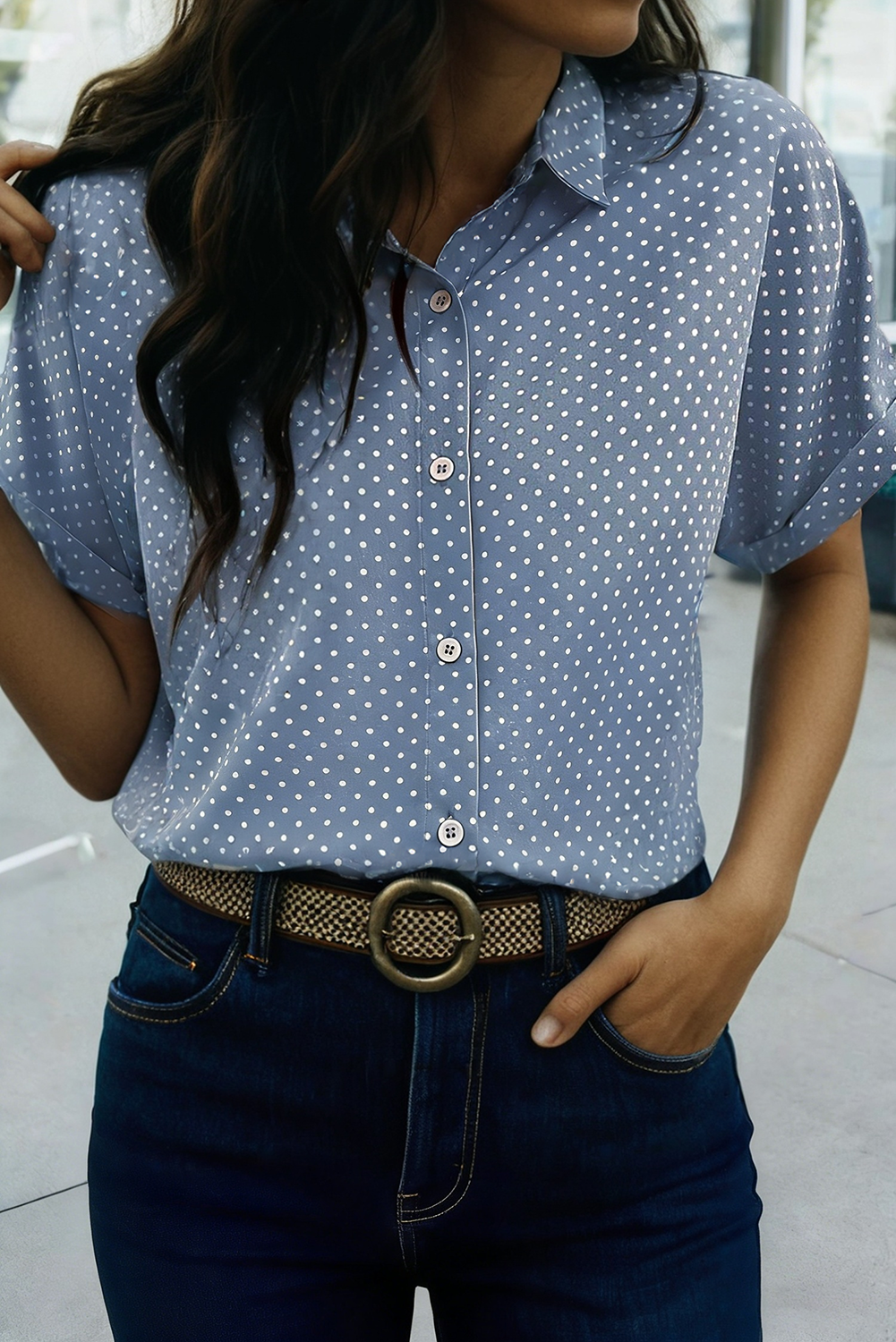 Dotted Print Cuffed Short Sleeve Shirt (S-XL): Pink, Missy, M