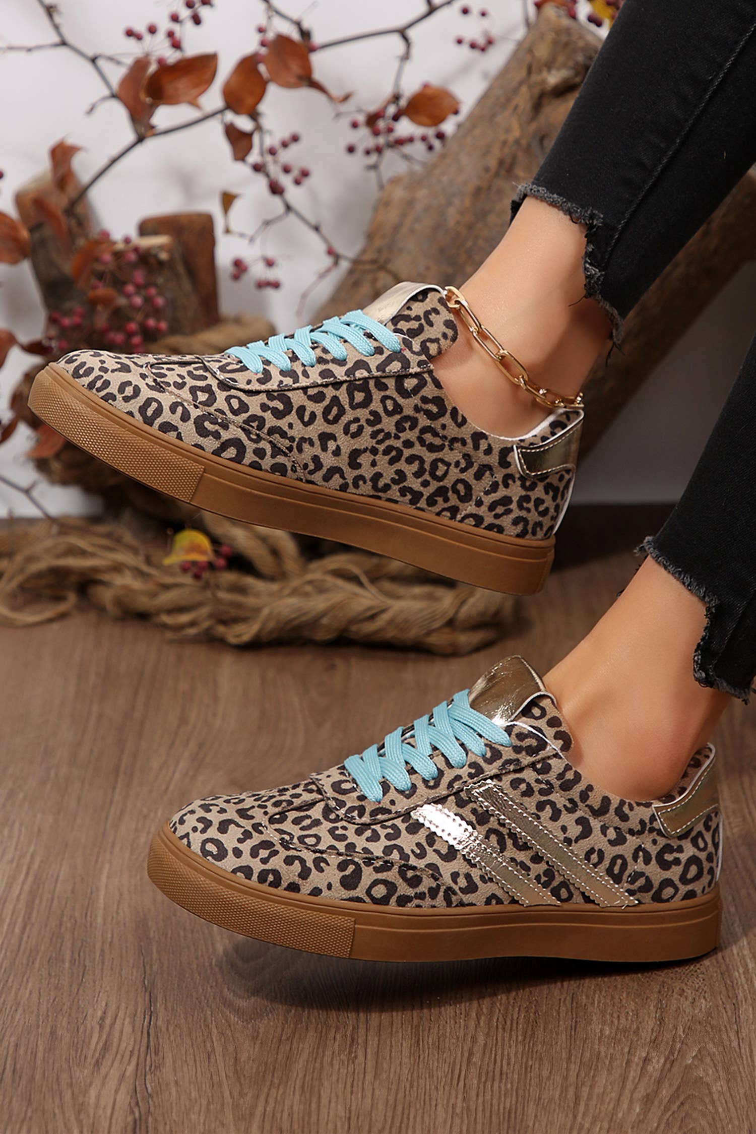 Leopard Print Sleek PU Leather Detail Lace Up Sneakers: Brown, 6