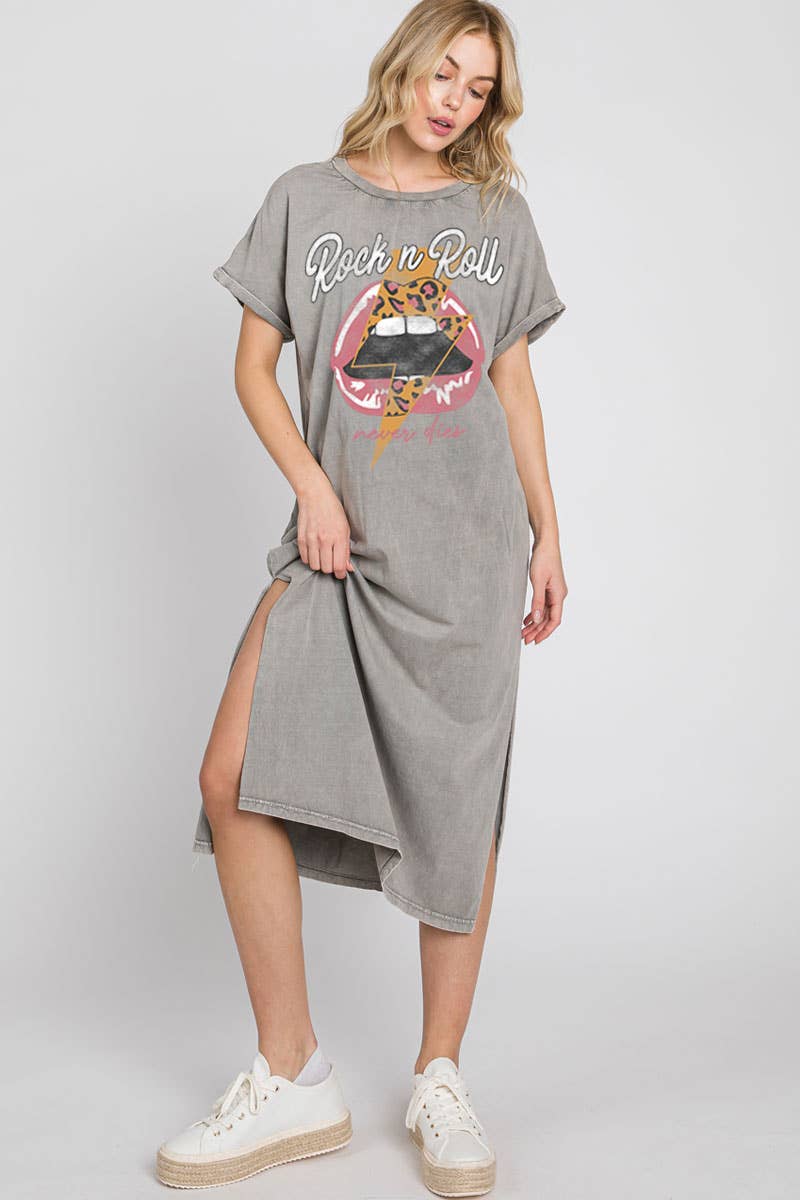 ROCK AND ROLL NEVER DIES MINERAL GRAPHIC DRESS: MINERAL TAUPE, M