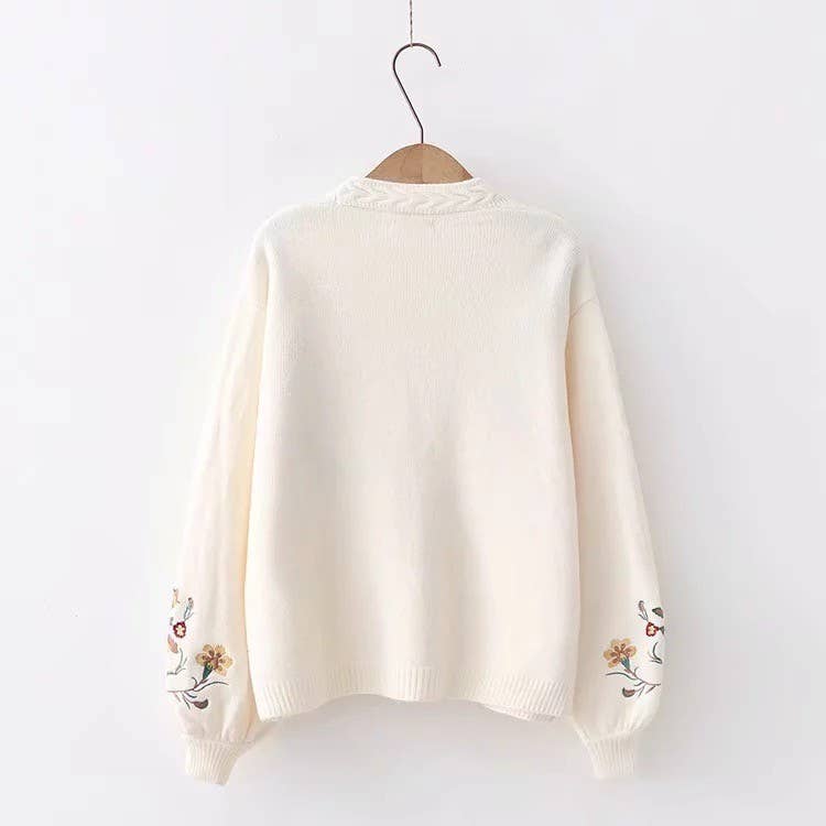 Floral knit cardigan: Cream, L