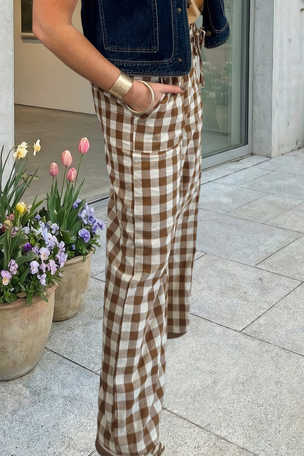 Plaid Print High Waist Straight Leg Pants, Brown, Missy, L