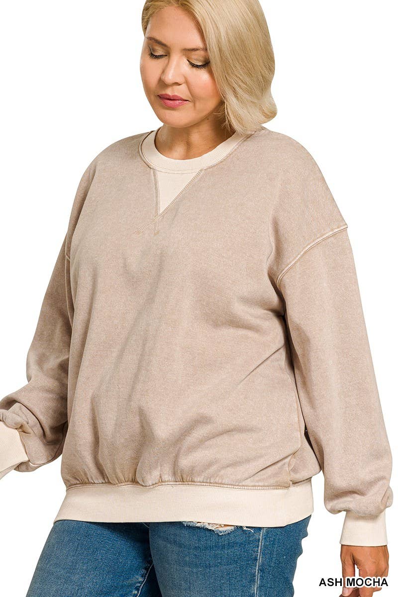 Plus Acid Washed Crew Sweatshirt: ASH MOCHA