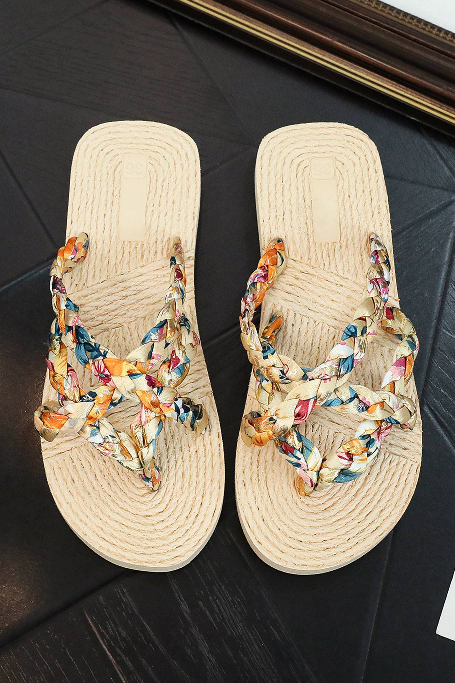 Boho Printed Woven Caged Flip Flops, 7(38)