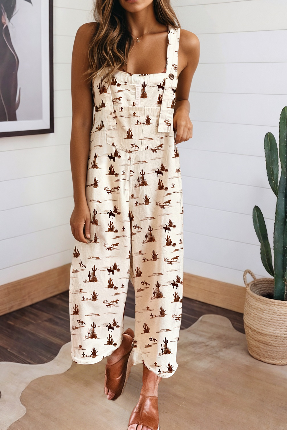 LAS Western Button Adjustable Straps Overall Jumpsuit (S-XL): Beige, Missy, L