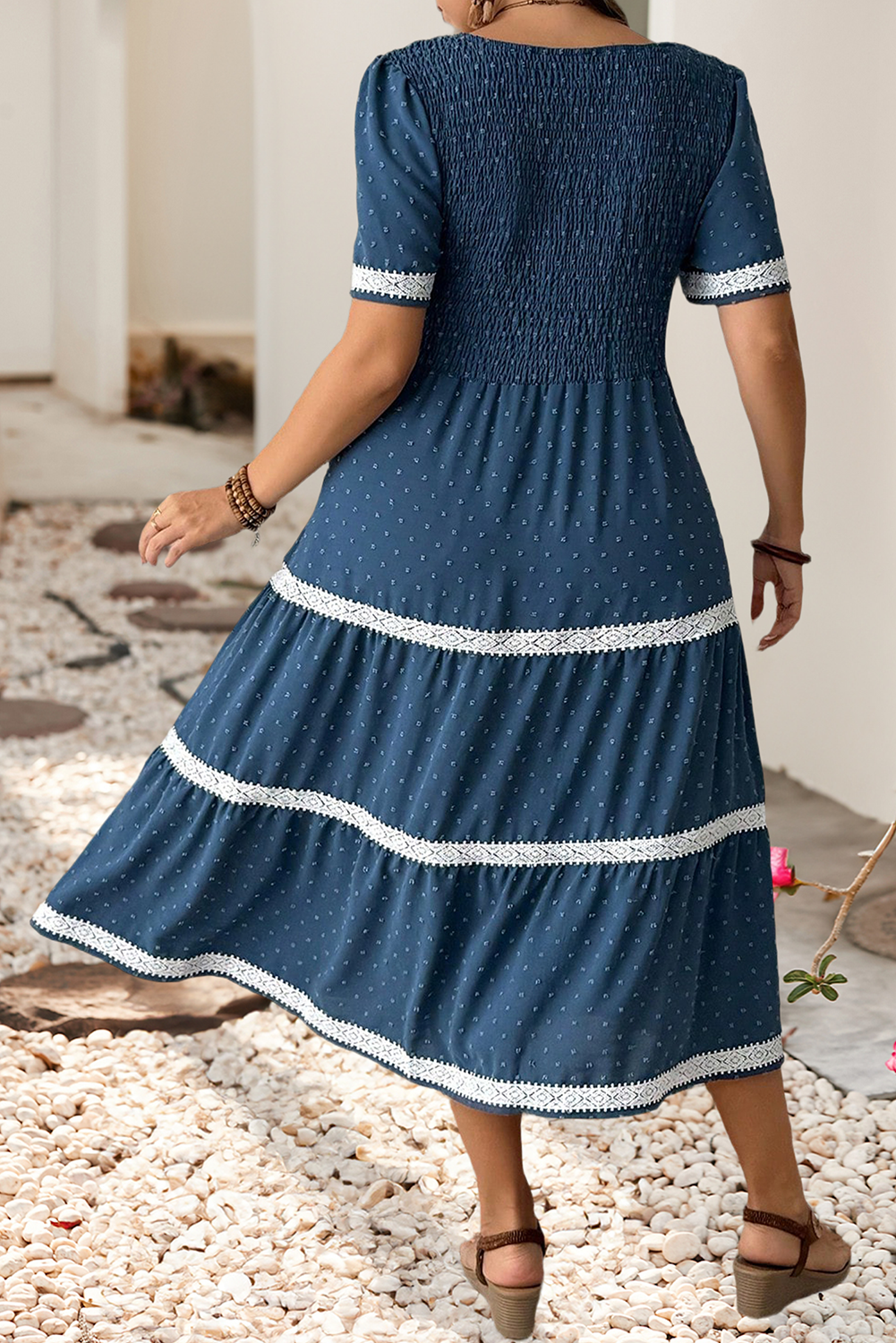 Plus V Neck Dot Lace Dress: Dusk Blue, 2X
