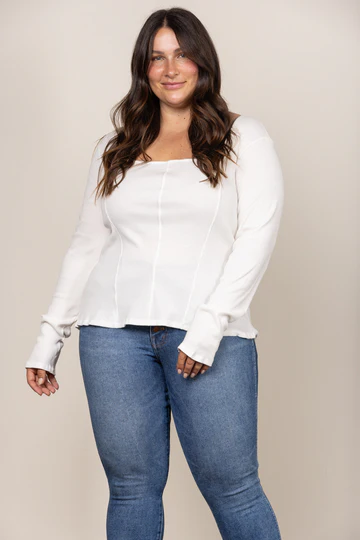 WHITE SQUARE NECK RIBBED KNIT LONG SLEEVES PLUS SIZE TOP: White, 2XL