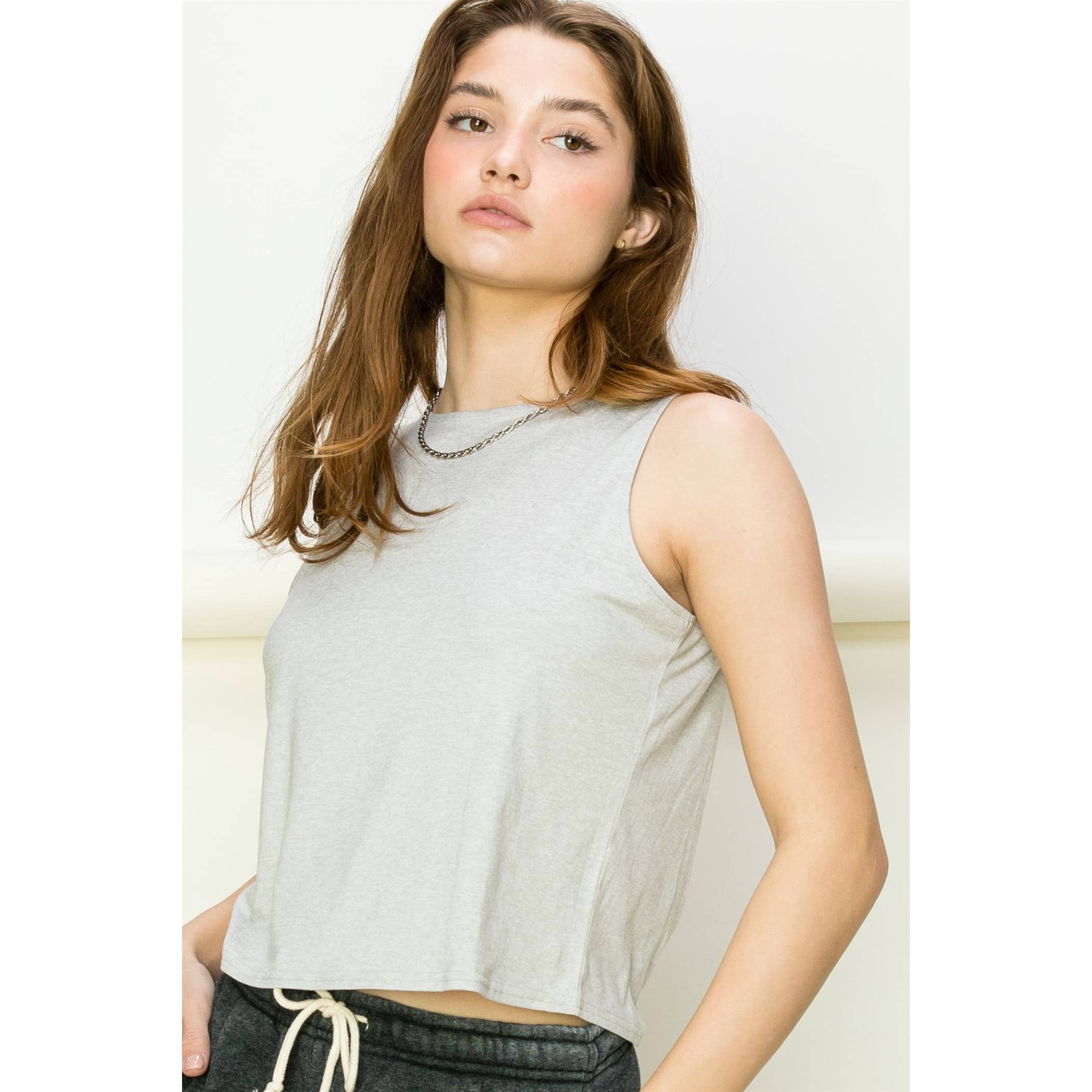 Tie-Back Sleeveless Top: LIGHT HEATHER GRAY