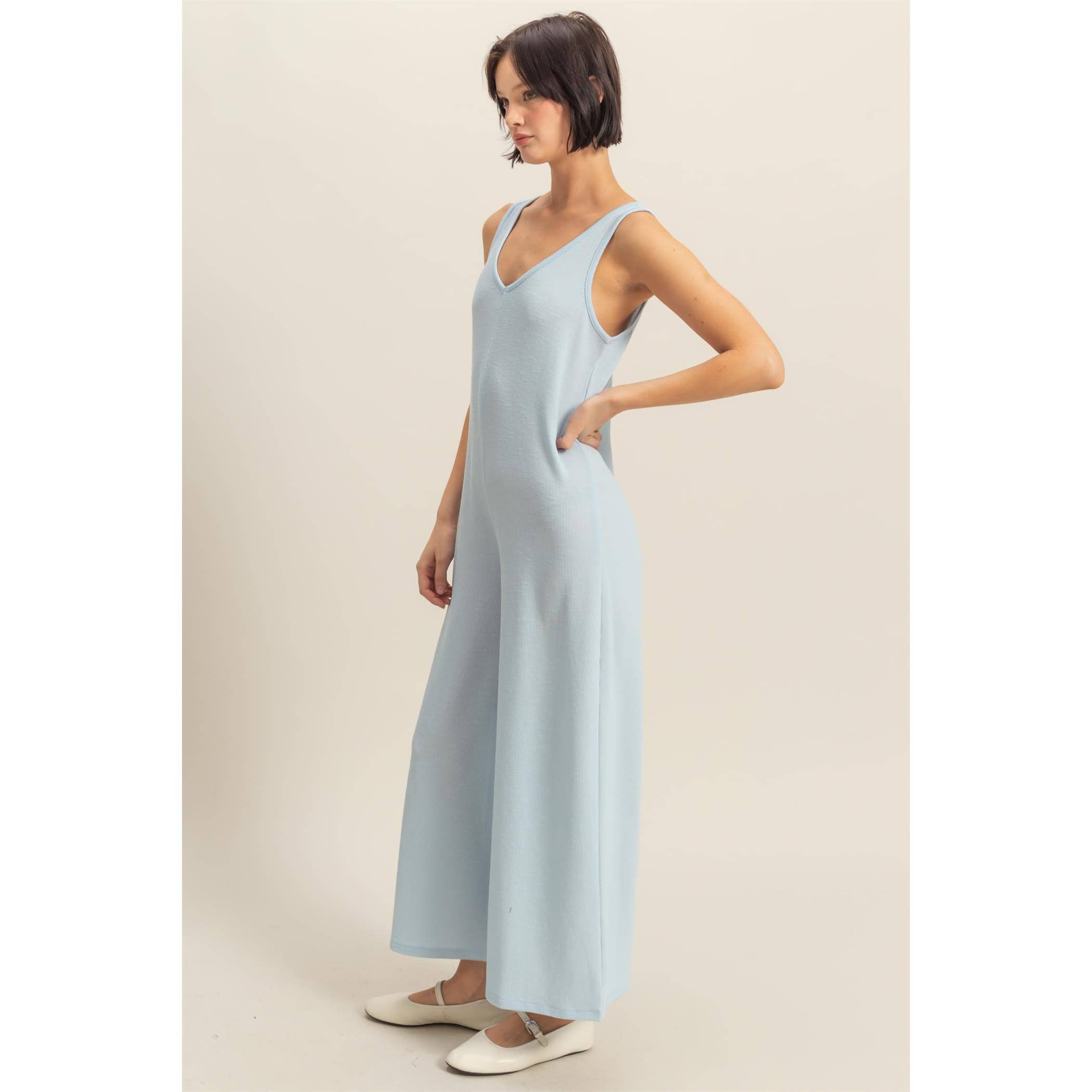 V-Neck Sleeveless Wide Leg Jumpsuit: ICE BLUE