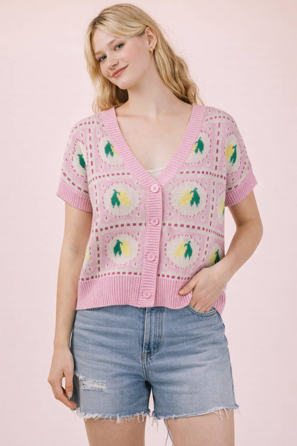 Button Down Lemon Graphic Sweater Summer Cardigan: PINK