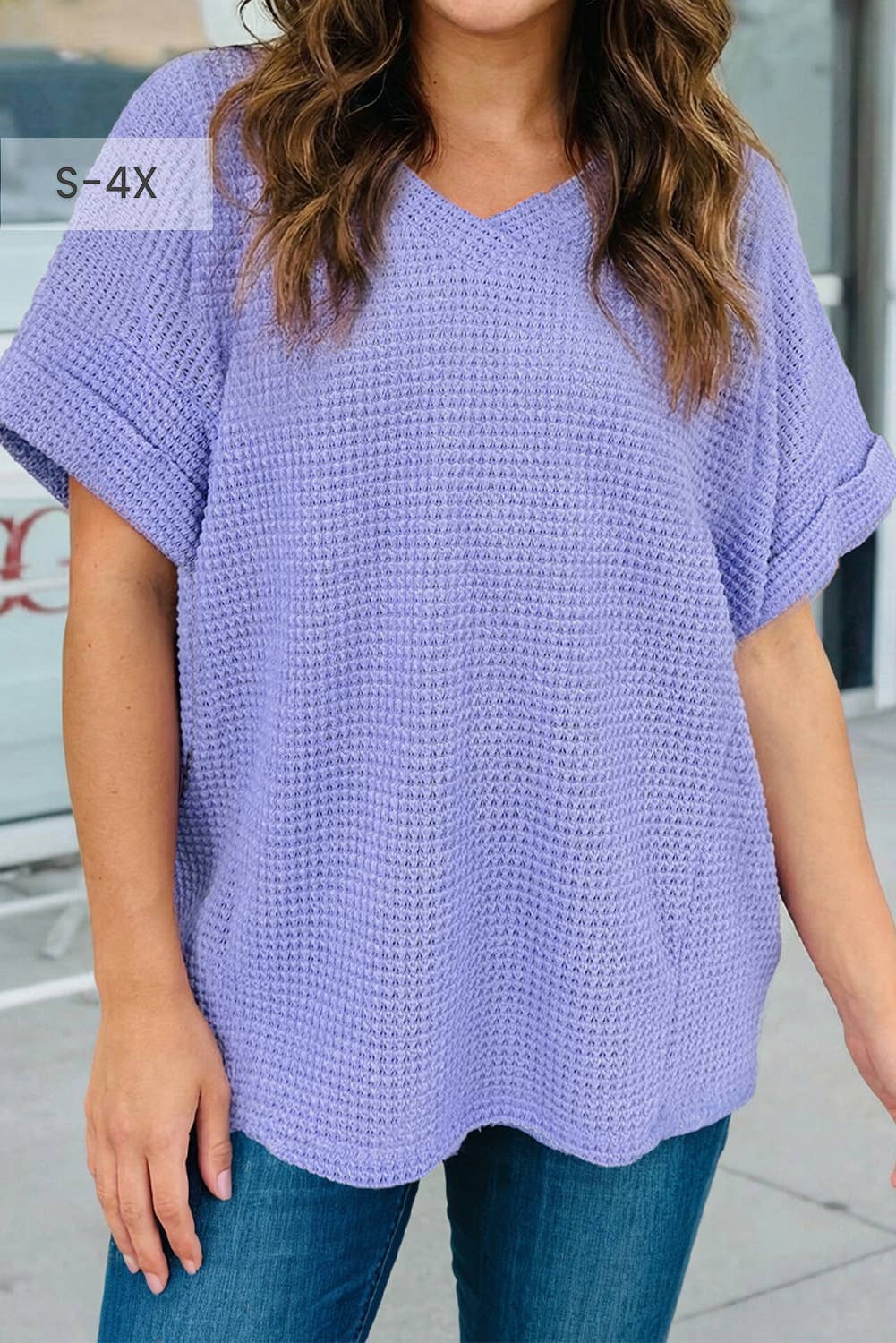 Plus Size Waffle V Neck Short Sleeve Top: Aqua, 1X
