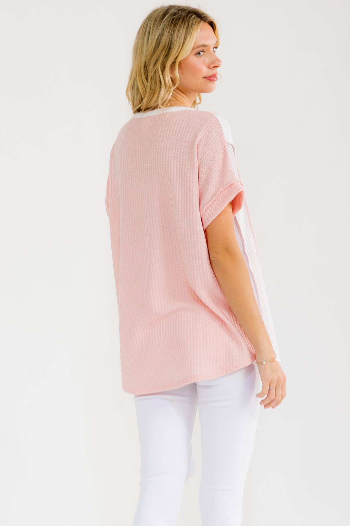 PLUS SIZE Color Block Waffle Knit Top Pink, 1X