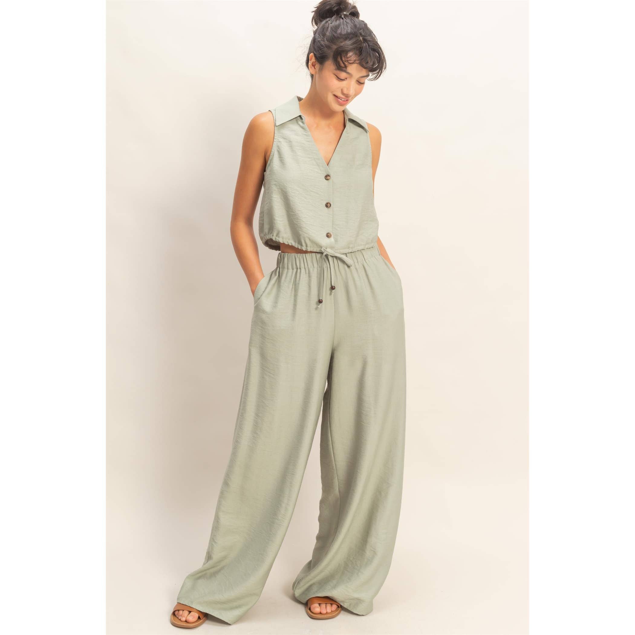Button Front Vest & Elastic Pants Set: SAGE GREEN