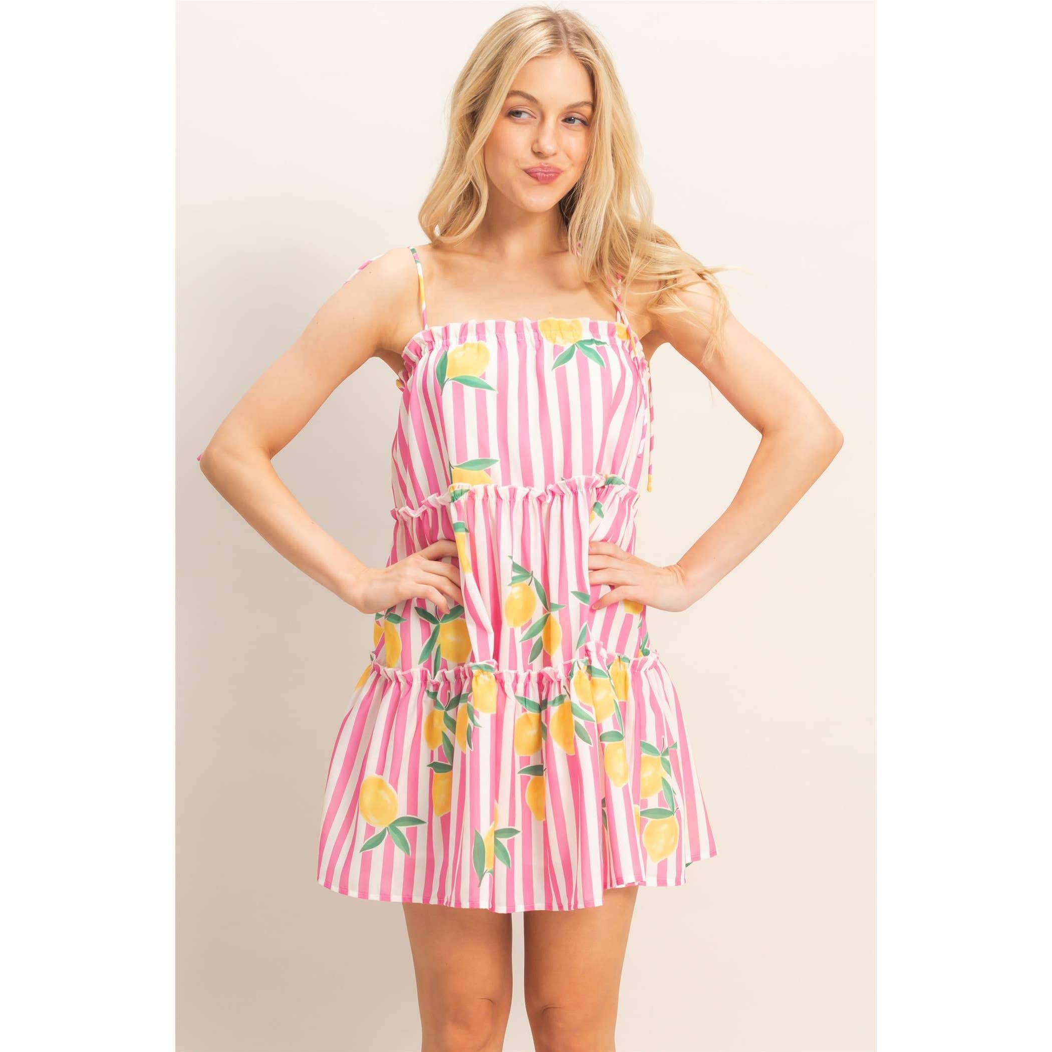 Striped Tiered Mini Dress: PINK
