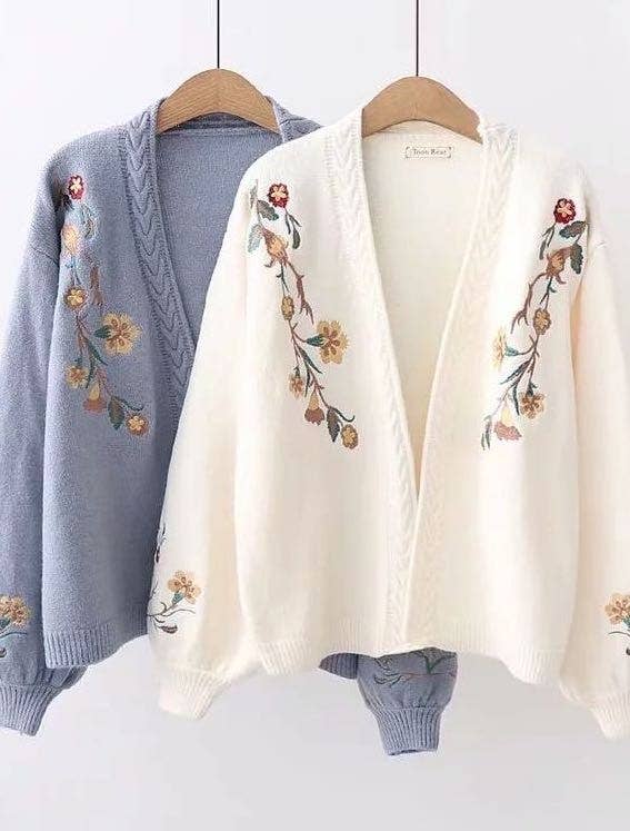 Floral knit cardigan: Blue, M