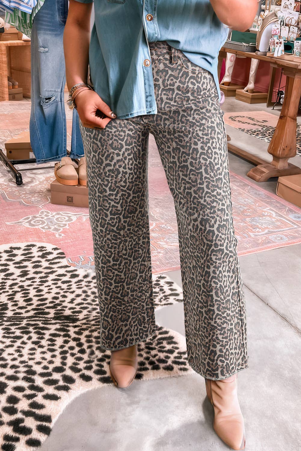 Leopard Wide Leg High Waist Jeans: Brown, 16