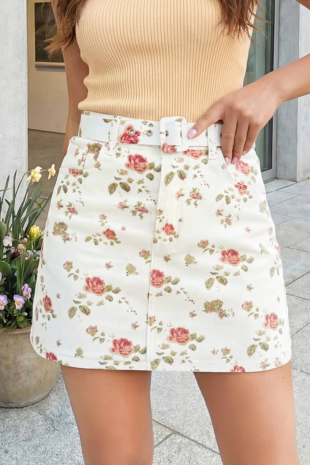Floral Print High Waist Denim Mini Skirt: Beige, L