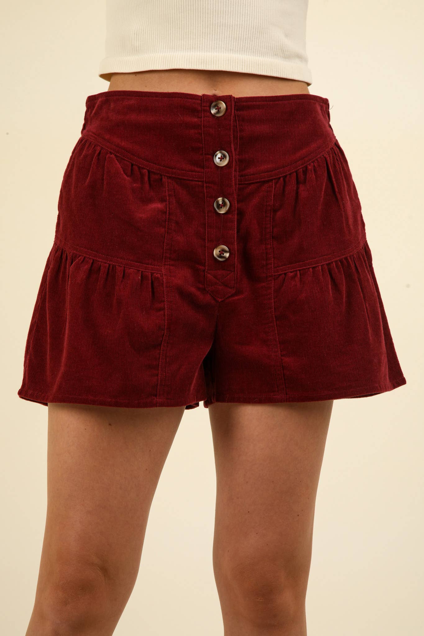 Corduroy Button Down Shorts W/ Pockets: WINE