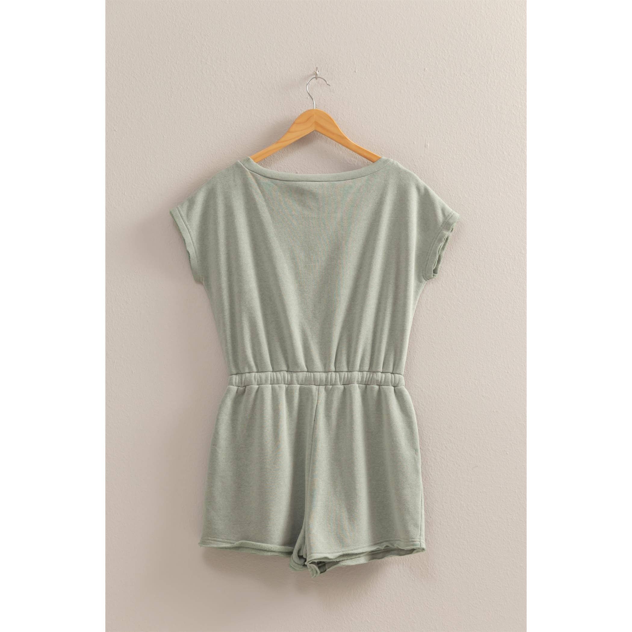 Cap Sleeve Drawstring Waist Romper: SAGE GREEN